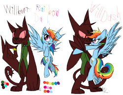 Size: 1150x888 | Tagged: safe, artist:didun850, rainbow dash, oc, oc:willbert, diamond dog, pegasus, pony, g4, canon x oc, clothes, diamond dog oc, eye clipping through hair, female, flying, male, mare, simple background, text, transparent background, vest