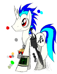 Size: 888x1150 | Tagged: safe, artist:didun850, oc, oc only, oc:quake plosion, pony, unicorn, fallout equestria, bags under eyes, horn, jewelry, male, necklace, pipbuck, signature, simple background, smiling, solo, stallion, sword, transparent background, unicorn oc, weapon