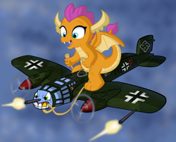 Size: 5256x4244 | Tagged: safe, alternate version, artist:waffengrunt, smolder, dragon, g4, battle of britain, dragoness, female, he-111, riding, ropes, shooting