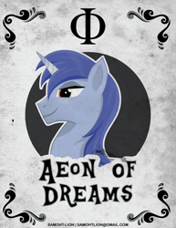 Size: 2551x3301 | Tagged: safe, artist:samoht-lion, oc, oc only, oc:aeon of dreams, pony, unicorn, bust, high res, horn, male, smiling, solo, stallion, text, unicorn oc