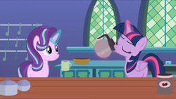 Size: 763x430 | Tagged: safe, artist:agrol, starlight glimmer, twilight sparkle, alicorn, pony, unicorn, g4, chugging, coffee, coffee can, coffee mug, coffee pot, drinking, eyes closed, folded wings, glowing horn, horn, jugs, kitchen, morning, morning ponies, mug, tired, twilight sparkle (alicorn), twilight's castle, woken up at a bad time, youtube link
