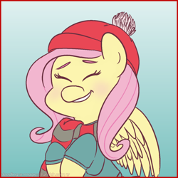 Size: 1030x1030 | Tagged: safe, artist:doodling-is-magic, fluttershy, pegasus, pony, g4, clothes, cute, eyes closed, female, gradient background, hat, mare, scarf, shyabetes, smiling, solo, sweater, sweatershy, winter outfit