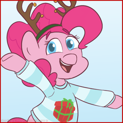 Size: 1030x1030 | Tagged: safe, artist:doodling-is-magic, pinkie pie, earth pony, pony, g4, antlers, blue background, christmas, christmas sweater, clothes, colored pupils, cute, diapinkes, female, holiday, mare, open mouth, reindeer antlers, simple background, solo, sweater