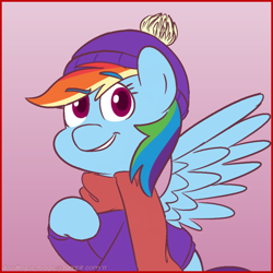 Size: 1030x1030 | Tagged: safe, artist:doodling-is-magic, rainbow dash, pegasus, pony, g4, clothes, cute, dashabetes, female, gradient background, hat, mare, scarf, smiling, solo, sweater, winter outfit