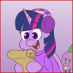 Size: 1030x1030 | Tagged: safe, artist:doodling-is-magic, spike, twilight sparkle, alicorn, pony, g4, clothes, colored pupils, cute, duo, earmuffs, female, gradient background, hoof hold, list, mare, open mouth, paper, scroll, spike is not amused, sweater, twiabetes, twilight sparkle (alicorn), unamused, winter outfit