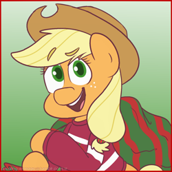 Size: 1030x1030 | Tagged: safe, artist:doodling-is-magic, applejack, earth pony, pony, g4, applejack's hat, christmas, clothes, colored pupils, cowboy hat, cute, female, gradient background, hat, holiday, hoof hold, jackabetes, mare, open mouth, sack, solo, sweater