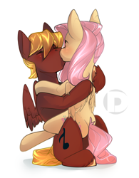 Size: 1302x1668 | Tagged: safe, artist:devi_shade, fluttershy, oc, pegasus, pony, g4, blushing, canon x oc, cutie mark, eyes closed, female, hug, kissing, male, mare, simple background, sitting, stallion, straight, white background, ych result