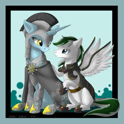 Size: 2000x2000 | Tagged: safe, artist:dreamyartcosplay, oc, oc only, pegasus, pony, unicorn, armor, cloak, clothes, duo, guard, helmet, high res, hoof shoes, horn, pegasus oc, sitting, unicorn oc, wings