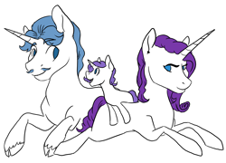 Size: 3300x2378 | Tagged: safe, artist:phobicalbino, fancypants, rarity, oc, oc:recherché, pony, unicorn, cloven hooves, family, female, filly, foal, male, mare, offspring, parent:fancypants, parent:rarity, parents:raripants, partial color, prone, raripants, shipping, simple background, stallion, straight, trio, white background