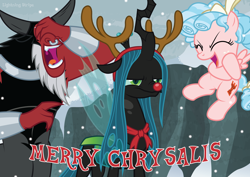 Size: 3508x2480 | Tagged: safe, artist:lightning stripe, derpibooru exclusive, cozy glow, lord tirek, queen chrysalis, centaur, changeling, changeling queen, pegasus, pony, frenemies (episode), g4, antlers, beard, blue mane, christmas, christmas changeling, curly hair, curly mane, cute, cutealis, cutie mark, eyes closed, facial hair, female, filly, foal, freckles, green eyes, grumpy, hand on face, high res, holiday, horns, humiliation, humor, laughing, long hair, male, merry christmas, mount everhoof, pink coat, pun, quadrupedal, queen chrysalis is not amused, red nose, reindeer antlers, ribbon, show accurate, signature, snow, snowfall, text, this will end in death, this will end in pain, this will end in tears, this will end in tears and/or death, trio, unamused, vector, wings