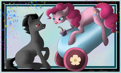 Size: 2000x1200 | Tagged: safe, artist:dreamyartcosplay, pinkie pie, oc, earth pony, pony, unicorn, g4, abstract background, confetti, female, looking at each other, male, mare, party cannon, raised hoof, sitting, stallion