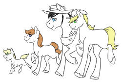 Size: 3300x2205 | Tagged: safe, artist:phobicalbino, applejack, oc, oc:dusty, oc:orchard blossom, oc:rain buck, earth pony, pony, g4, canon x oc, colt, family, female, filly, foal, group, high res, male, mare, missing cutie mark, offspring, parent:applejack, parent:oc:rain buck, parents:canon x oc, partial color, quartet, shipping, simple background, stallion, straight, walking, white background