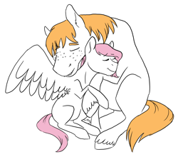 Size: 3233x2842 | Tagged: safe, artist:phobicalbino, big macintosh, fluttershy, earth pony, pegasus, pony, g4, cuddling, eyes closed, female, high res, male, mare, missing cutie mark, neck nuzzle, nuzzling, partial color, ship:fluttermac, shipping, simple background, size difference, spread wings, stallion, straight, white background, wings