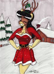 Size: 2086x2852 | Tagged: safe, artist:newyorkx3, oc, oc only, oc:crystal, anthro, anthro oc, antlers, breasts, busty crystal, christmas, cleavage, clothes, dress, female, high res, holiday, mistleholly, one eye closed, reindeer antlers, snow, snowfall, solo, tree, wink