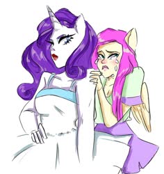 Size: 852x903 | Tagged: safe, artist:nebulaeye, fluttershy, rarity, pegasus, unicorn, anthro, g4, clothes, crying, duo, female, hand on hip, lipstick, scared, simple background, white background
