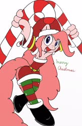 Size: 1336x2048 | Tagged: safe, artist:tenebrousmelancholy, pinkie pie, earth pony, anthro, g4, breasts, candy, candy cane, candy canes, christmas, cleavage, clothes, female, food, holiday, simple background, socks, solo, striped socks, white background