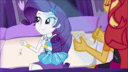 Size: 1280x720 | Tagged: safe, edit, editor:someguy845, screencap, sound edit, rarity, sunset shimmer, driving miss shimmer, driving miss shimmer: rarity, equestria girls, g4, my little pony equestria girls: better together, my little pony equestria girls: choose your own ending, '90s, animated, bracelet, cute, dancing, dancity, duo, duo female, female, happy, jewelry, limousine, music, notepad, pencil, raribetes, rarity peplum dress, sound, webm