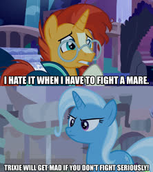 Size: 1280x1440 | Tagged: safe, edit, edited screencap, screencap, sunburst, trixie, pony, unicorn, g4, road to friendship, student counsel, caption, female, image macro, male, mare, meme, stallion, text