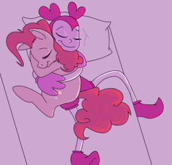 Size: 312x300 | Tagged: safe, artist:smirk, pinkie pie, earth pony, gem (race), pony, g4, spoiler:steven universe, spoiler:steven universe: the movie, bed, cuddling, cute, default spinel, duo, duo female, fanfic art, female, mare, pink, sleeping, spinel (steven universe), spoilers for another series, steven universe, steven universe: the movie, wholesome