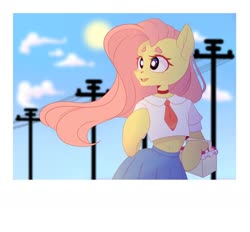 Size: 1024x952 | Tagged: safe, artist:tayzipumpqueen, fluttershy, semi-anthro, g4, arm hooves, basket, beanbrows, belly button, blouse, choker, clothes, cute, eyebrows, female, midriff, necktie, pleated skirt, power line, skirt, solo, windswept mane