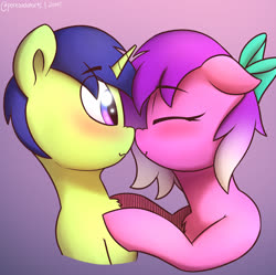 Size: 2760x2750 | Tagged: safe, artist:perezadotarts, oc, pony, unicorn, blushing, boop, bow, chest fluff, female, high res, male, ribbon, simple background, smiling, text