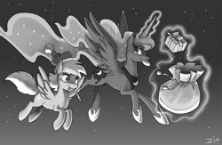 Size: 1500x978 | Tagged: safe, artist:johnjoseco, derpy hooves, princess luna, alicorn, pegasus, pony, g4, candy, candy cane, christmas, christmas cookies, christmas presents, cookie, duo, eating, female, flying, food, gift bag, gift wrapped, grayscale, hat, height difference, holiday, hoof shoes, levitation, magic, mare, monochrome, mouth hold, night, night sky, physique difference, present, santa hat, santa hooves, santa sack, sky, slender, sugar cane, telekinesis, thin