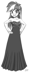 Size: 900x2185 | Tagged: safe, artist:johnjoseco, rainbow dash, equestria girls, g4, clothes, commissioner:ajnrules, dress, ear piercing, earring, female, grayscale, hand on hip, jewelry, looking at you, monochrome, piercing, rainbow dash always dresses in style, simple background, solo, white background