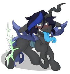 Size: 1850x1950 | Tagged: safe, artist:blackbewhite2k7, oc, oc only, changeling, blushing, changelingified, commission, glasses, long tongue, shapeshifting, solo, species swap, tongue out