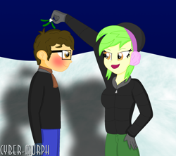 Size: 1816x1616 | Tagged: safe, artist:cyber-murph, cherry crash, oc, oc:evan, equestria girls, g4, background human, bedroom eyes, blushing, canon x oc, chevan, christmas, clothes, commission, earmuffs, female, glasses, gloves, holiday, imminent kissing, jacket, lidded eyes, looking at each other, male, mistletoe, oc x background human, scarf, shipping, snow