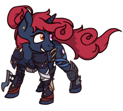 Size: 1436x1300 | Tagged: safe, alternate version, artist:computerstickman, oc, oc only, oc:bone breaker, pony, unicorn, fallout equestria, fallout equestria: kingpin, fallout equestria: lynchpin, armor, bandage, bun, cutie mark, ear piercing, ex-raider, female, grin, heterochromia, horn, jolly roger, mare, messy mane, orange eye, piercing, pirate, purple eye, raider, raider armor, shading, simple background, smiling, smiling jack pirates, solo, stance, transparent background, unicorn oc, weapon