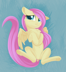 Size: 1312x1440 | Tagged: safe, artist:dusthiel, fluttershy, pegasus, pony, adorasexy, belly button, blushing, cheek fluff, chest fluff, cute, dock, ear fluff, female, floppy ears, frog (hoof), hooves to the chest, leg fluff, looking at you, mare, on back, scrunchy face, sexy, shyabetes, solo, spread legs, spread wings, spreading, underhoof, wings