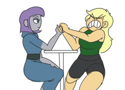 Size: 1213x880 | Tagged: safe, artist:ponyretirementhome, applejack, maud pie, equestria girls, g4, arm wrestling, duo, gritted teeth, maud being maud, strong, stronk, table
