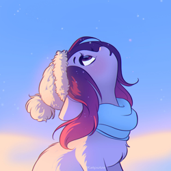 Size: 1654x1654 | Tagged: safe, artist:katputze, oc, oc only, oc:crimson sunset, earth pony, pony, chest fluff, clothes, commission, cute, female, fluffy, hat, looking up, mare, ocbetes, patreon, patreon reward, scarf, snow, snowfall, solo, winter
