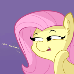 Size: 1280x1280 | Tagged: safe, artist:tjpones edits, edit, fluttershy, pony, g4, bust, dialogue, dialogue edit, female, john madden, lidded eyes, meme, moonbase alpha, purple background, simple background, solo, the pony machine learning project, youtube link