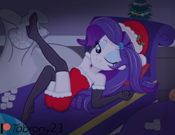 Size: 1859x1435 | Tagged: safe, artist:tabrony23, rarity, equestria girls, g4, arm behind head, armpits, beautiful, beautisexy, bedroom eyes, boots, breasts, christmas, christmas tree, clothes, costume, cute, female, food, gloves, hat, holiday, implied cannibalism, long gloves, looking at you, marshmallow, one eye closed, patreon, patreon logo, pillow, rarity is a marshmallow, room, santa costume, santa hat, sexy, sexy santa costume, shoes, show accurate, smiling, socks, solo, thigh boots, thigh highs, tree, wink
