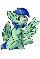 Size: 800x1200 | Tagged: safe, artist:ravistdash, derpibooru exclusive, oc, oc only, oc:block rain, pegasus, pony, 2020 community collab, derpibooru community collaboration, chest fluff, ear fluff, looking at you, male, peace sign, simple background, sitting, solo, spread wings, tongue out, transparent background, underhoof, wing hands, wings