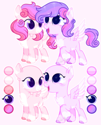 Size: 1951x2409 | Tagged: safe, artist:sh3llysh00, oc, oc only, oc:bubblegum, oc:cotton candy, pegasus, pony, bald, base used, female, filly, magical lesbian spawn, offspring, parent:pinkie pie, parent:twilight sparkle, parents:twinkie, reference sheet, tail feathers