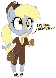 Size: 520x720 | Tagged: safe, artist:deserter, artist:hipster-ponies, artist:ieatbugs, color edit, edit, derpy hooves, anthro, plantigrade anthro, g4, bracelet, chibi, clothes, colored, cute, derp, derpabetes, diabetes, female, flockdraw, flockmod, food, hat, jewelry, letter, mail, mouth hold, muffin, pigeon toed, ponytail, satchel, shorts, simple background, sketch, solo, transparent background, uniform
