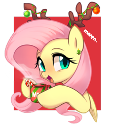 Size: 2565x2801 | Tagged: safe, artist:maren, fluttershy, pegasus, pony, abstract background, antlers, blushing, bust, christmas, christmas ornament, cute, decoration, ear piercing, female, high res, holiday, hoof hold, mare, mug, open mouth, piercing, shyabetes, smiling, solo, sugar cane, transparent background