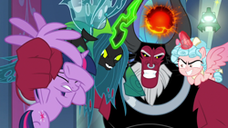Size: 1280x720 | Tagged: safe, screencap, cozy glow, lord tirek, queen chrysalis, twilight sparkle, alicorn, centaur, changeling, changeling queen, pony, g4, the ending of the end, abuse, alicornified, archenemies, attempted murder, bell, cozycorn, evil, evil smile, female, filly, frown, grin, grogar's bell, legion of doom, magic, male, mare, pain, png, race swap, scared, smiling, twilight sparkle (alicorn), twilybuse, ultimate chrysalis, wince, wing hold, wing pull, wings