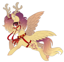 Size: 2501x2389 | Tagged: safe, artist:shady-bush, oc, oc only, oc:sunrise skies, pegasus, pony, antlers, bell, bell collar, bells, bridle, collar, female, harness, high res, mare, reins, simple background, solo, tack, transparent background