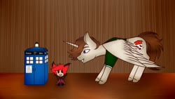 Size: 1280x720 | Tagged: safe, artist:okimichan, oc, oc only, oc:lord boom, alicorn, pony, alastor, clothes, doctor who, doll, hazbin hotel, hellaverse, male, shirt, solo, stallion, tardis, that's entertainment, toy