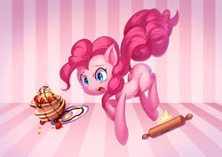 Size: 1500x1060 | Tagged: safe, artist:54600, pinkie pie, earth pony, pony, crying, female, food, mare, pancakes, plate, rolling pin, solo, this will end in tears, tripping