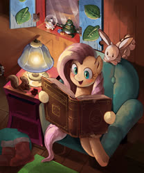 Size: 2500x3000 | Tagged: safe, artist:tya, angel bunny, fluttershy, pegasus, pony, squirrel, g4, blushing, book, christmas, couch, cute, female, high res, holiday, mare, open mouth, reading, shyabetes, sitting, smiling, solo