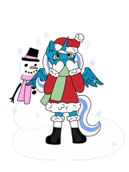 Size: 774x1032 | Tagged: safe, artist:melodywinds, oc, oc:fleurbelle, alicorn, pony, alicorn oc, boots, christmas, clothes, coat, female, gloves, hat, holiday, horn, mare, santa hat, scarf, shoes, snow, snowman, socks, winter, winter outfit, yellow eyes