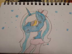 Size: 1032x774 | Tagged: safe, artist:stormlover10, oc, oc:fleurbelle, alicorn, pony, adorabelle, adorable face, alicorn oc, bow, clothes, cute, female, hair bow, horn, mare, ocbetes, scarf, smiling, snow, snowfall, traditional art, yellow eyes