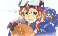 Size: 1316x825 | Tagged: dead source, safe, artist:5mmumm5, sunset shimmer, equestria girls, g4, bust, clothes, cute, female, gloves, goggles, hat, jacket, not fiery shimmer, open mouth, shimmerbetes, snow, snowfall, solo, winter