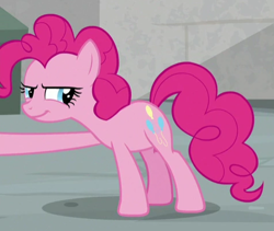 Size: 476x401 | Tagged: safe, screencap, pinkie pie, earth pony, pony, g4, the last laugh, cropped, female, lidded eyes, mare, raised hoof, solo