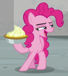 Size: 583x655 | Tagged: safe, screencap, pinkie pie, earth pony, pony, g4, the last laugh, cropped, female, food, lidded eyes, mare, open mouth, pie, raised hoof, solo