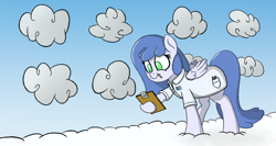 Size: 1400x746 | Tagged: artist needed, safe, oc, oc only, oc:raincloud drops, pegasus, pony, blue coat, blue mane, blue tail, clipboard, cloud, green eyes, pencil, sky, solo, standing on a cloud